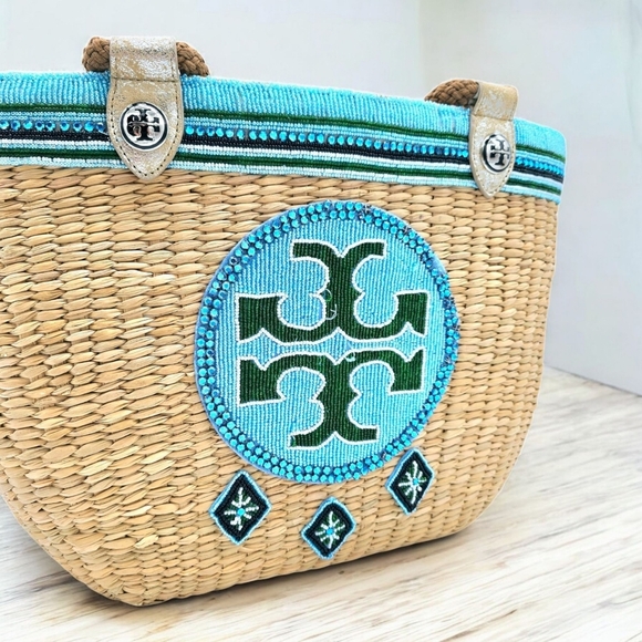 🆕 Tory Burch Special Edition Ella Straw Tote Beaded Logo Lining & Drawstring - Picture 4 of 17